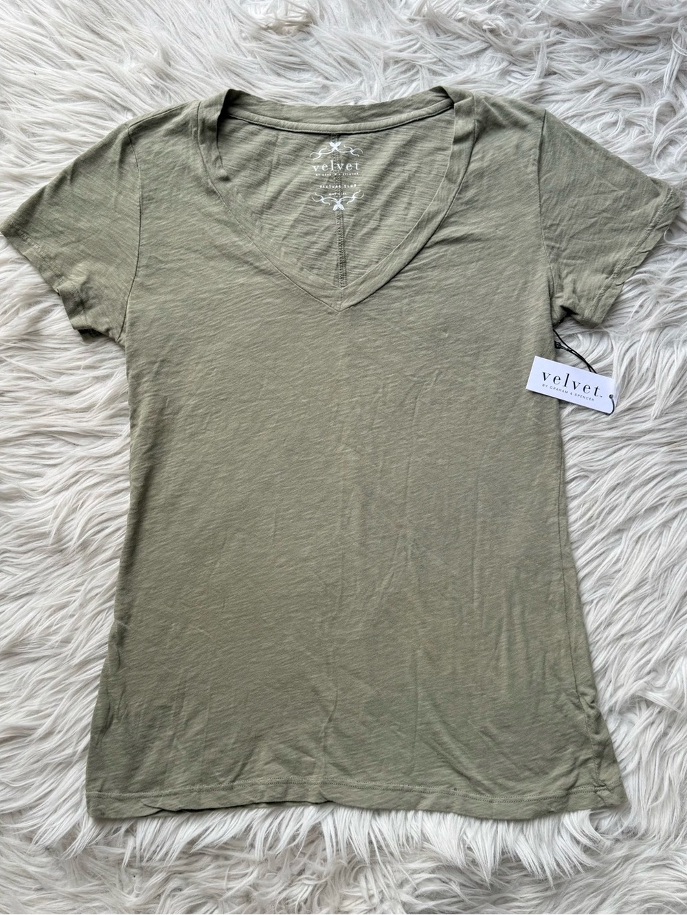 Velvet by Graham & Spencer Vintage Slub Tee M Olive Green V Neck NWT USA